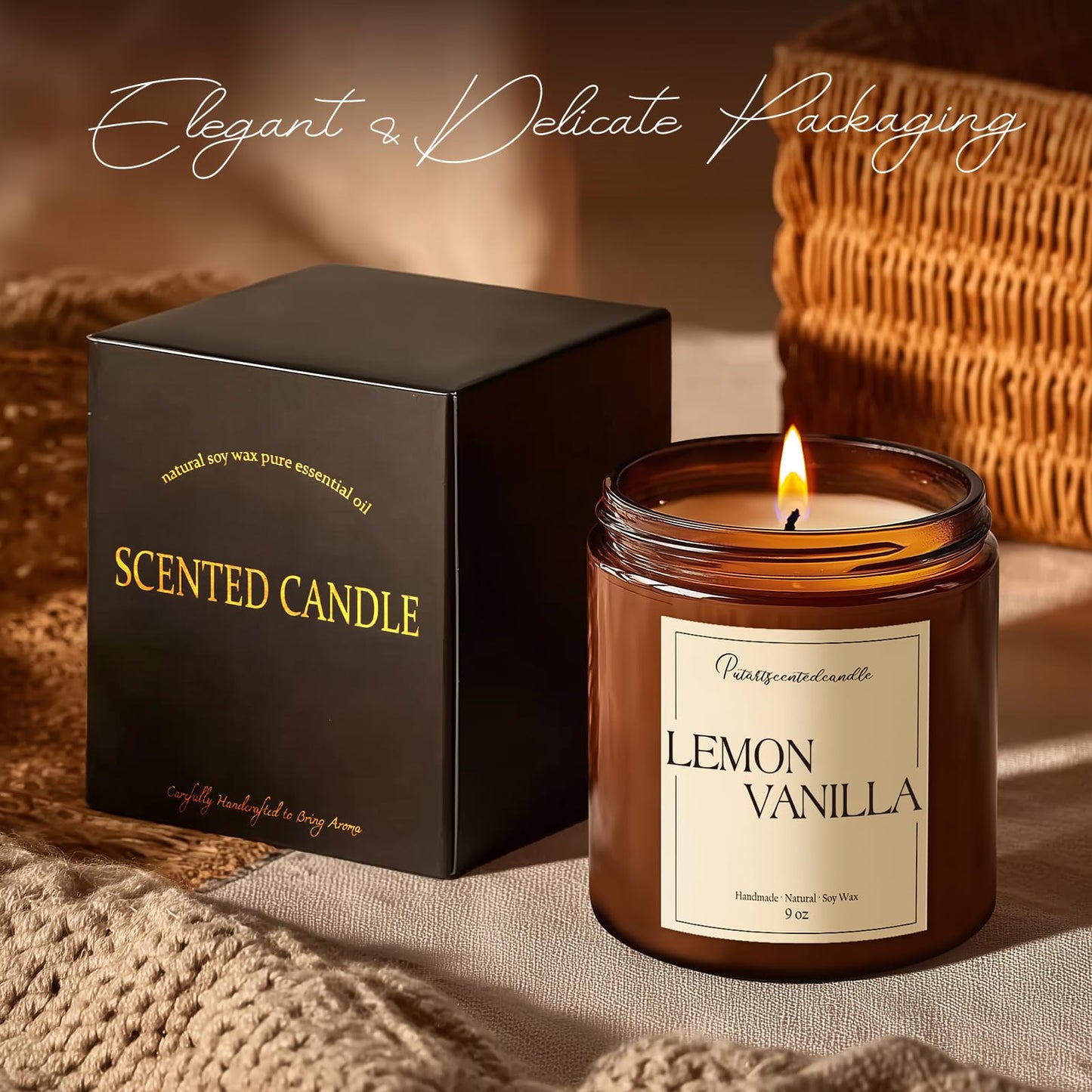 Putart Lemon Vanilla Scented Candle for Home, Natural Soy Wax Aromatherapy Non Toxic Candle Gifts for Women & Men, Handmade Highly Scented & Long Lasting Jar Candle for Stress Relief (9oz)