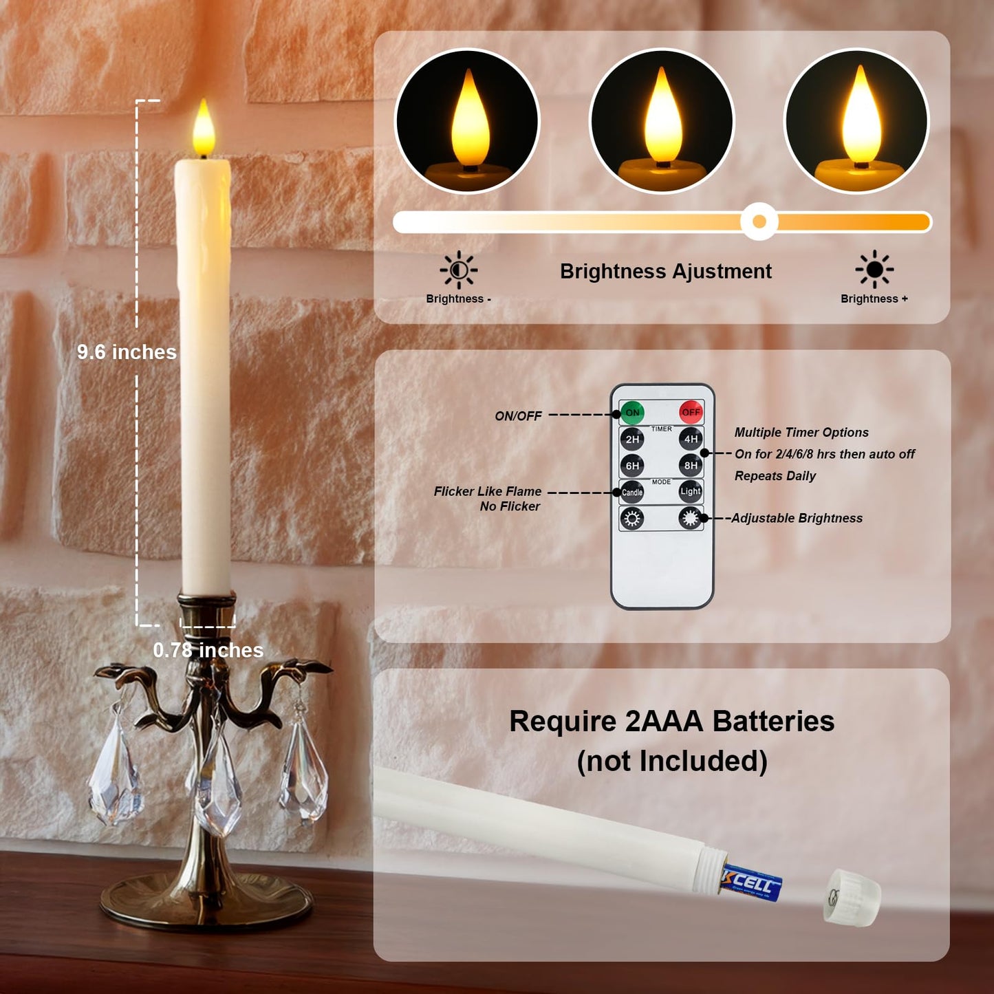 Homemory 3 Pcs Real Wax Flameless Taper Candles with Remote Timer and Dimmer, Battery Operated Candlesticks with Flickering Light, White Window Candles, 9.6 Inches for for Wedding Home Decor