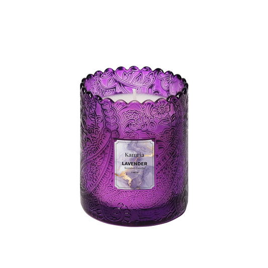 Lavender Scented Candles for Home, 7 oz Natural Soy Candle in Vintage Embossed Glass Jar, Subtle Aromatherapy Relaxing Candle for Yoga, Bath, Stress Relief, Aesthetic Decor Gift for Women