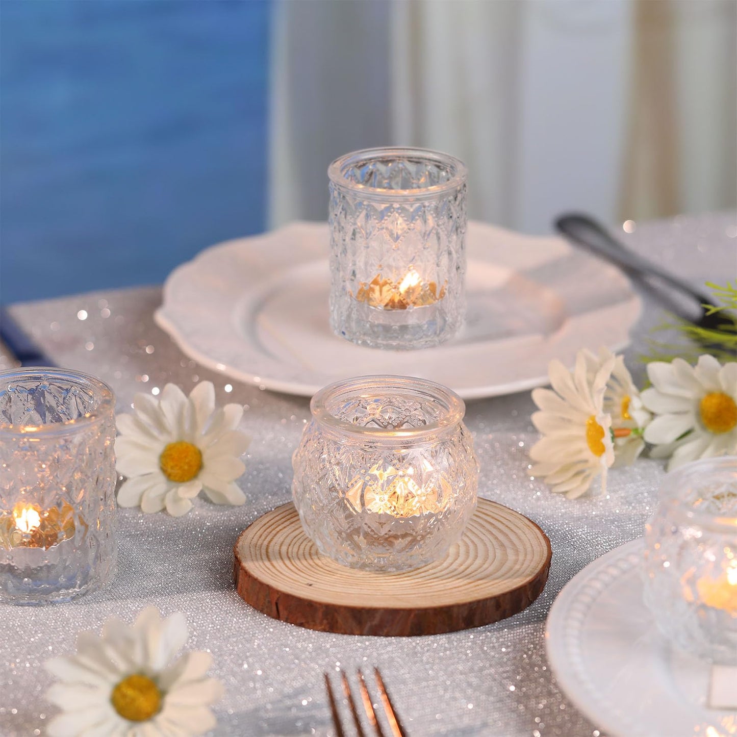 DARJEN Clear Votive Candle Holders Set of 24- Round Glass Candle Holders Bulk for Tea Light Candle, Embossed Candle Votives for Wedding Centerpiece, Various Parties & Home Decor (Pack of 4)