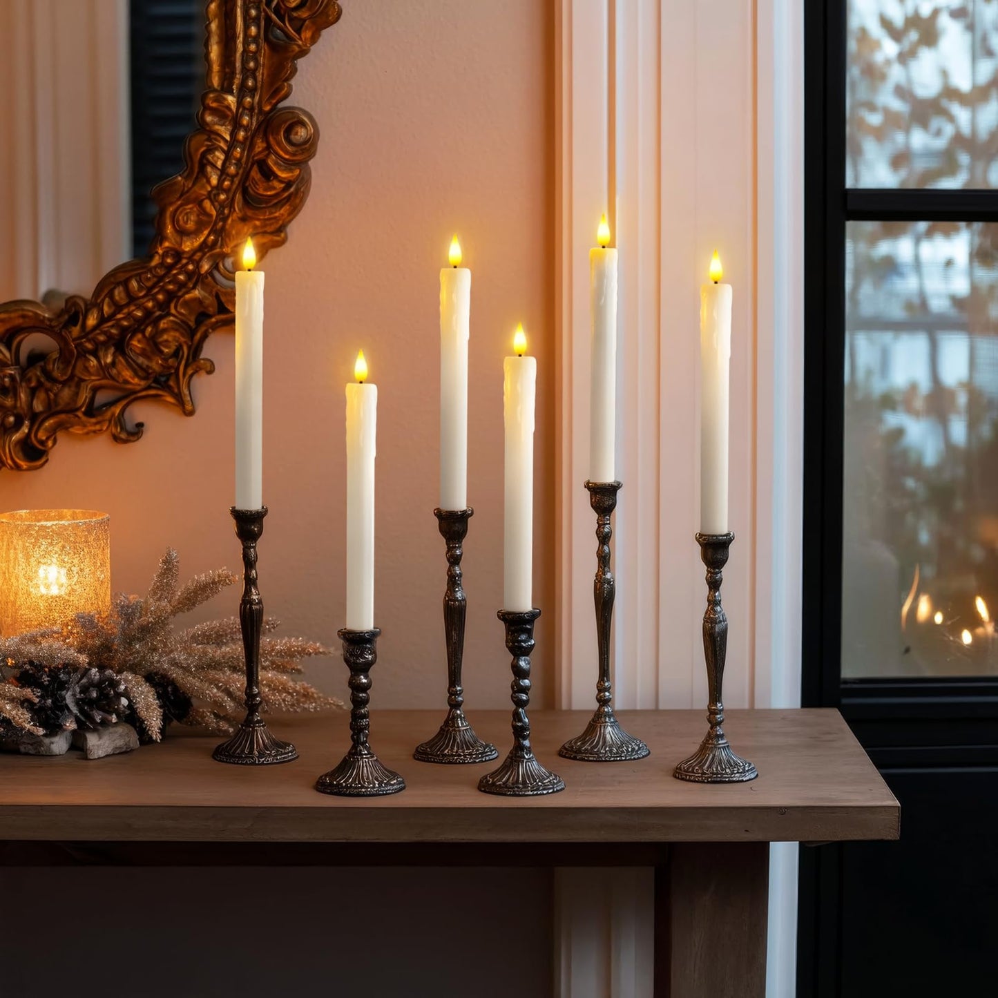 Homemory Real Wax LED Flameless Taper Candles with Timer, Dripless Fake Candlesticks with 3D Flickering Flame, 9.6 Inches White Window Candle for Fireplace Christmas Halloween
