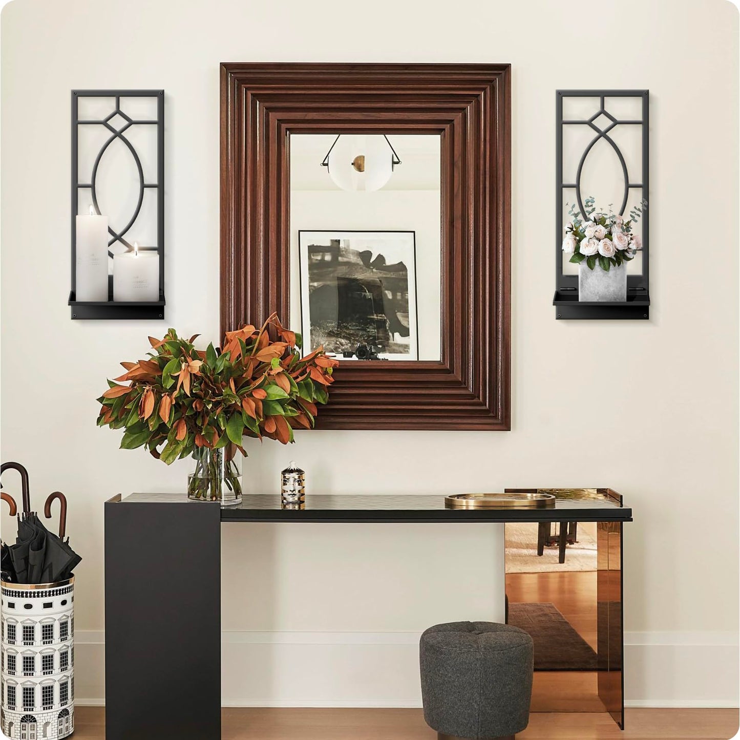 Candle Wall Sconces Set of 2, Black Metal Minimalism Wall Candle Holder for Living Room, Dining Room, Bedroom, Bathroom (2 Pack, 16.5 x 7 in)
