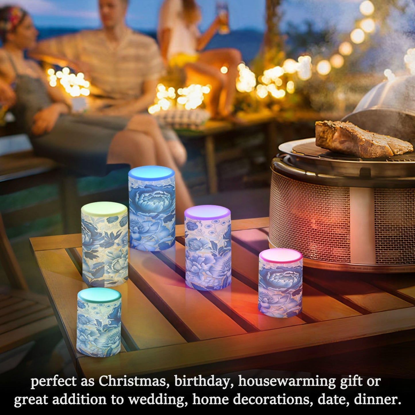 ALAZA White Navy Blue Flowers Floral Flickering Flameless Candles Battery Operated with Remote Timer,Tea Light Candles LED Pillar Votive Candles Set of 2 for Outdoor Indoor Decorations