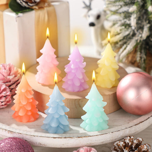 DoubleFill 6 Pcs Pastel Christmas Tree Candles 2.4 Inch Mini Colorful Candy Christmas Tree Shaped Candles Xmas Wax Candlesticks for Home Xmas Holiday Table Centerpiece Canyland Party Decoration