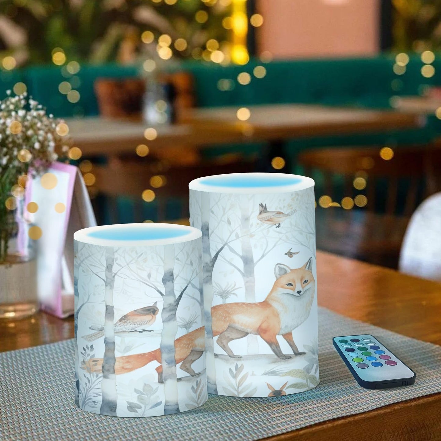 GUIJI Fox in The Woods Flameless Candles With Remote - Set of 2 Battery Operated Pillar Candles for Home Decoration, Christmas, Party