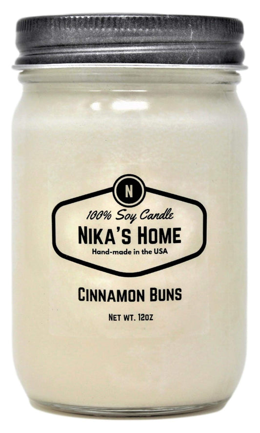 Nika's Home Cinnamon Buns Soy Candle - 12oz Mason Jar - Non-Toxic - Hand Poured in The USA, Long Burning 50-60 Hours Highly Scented All Natural, Clean Burning