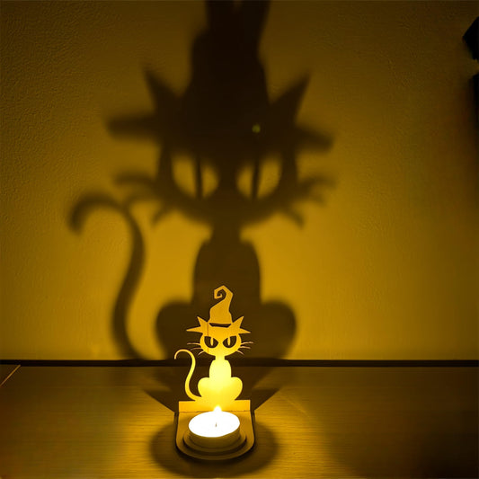 Halloween Skeleton Cat Tealight Candle Holder Shadow Caster Decorations Metal Desk Candlestick Holder Ornament for Home Party Kids Indoor Vintage Candlestick Stand Tabletop Decorative (Witch Cat)