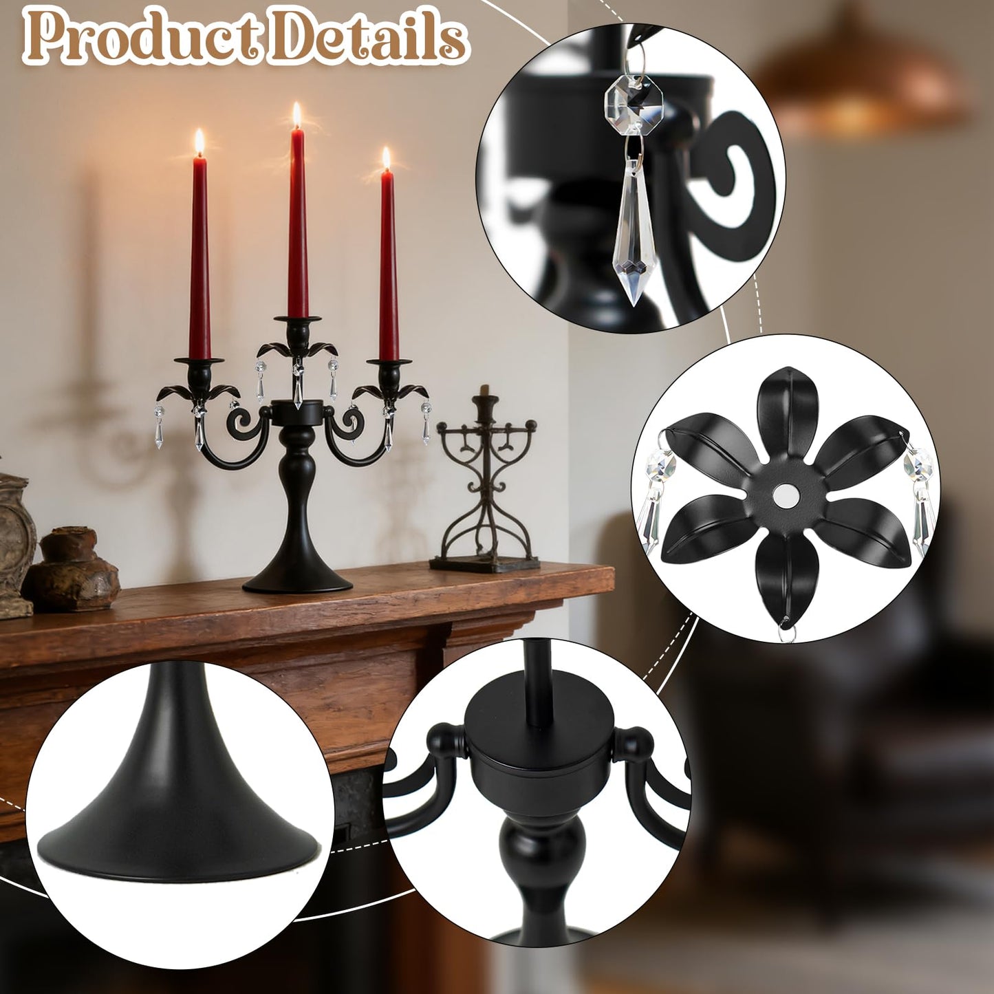 KEHAIL Metal 3 Arm Candelabra with Crystal Pendants - 11.8 Inch Tall Candle Holders, Set of 2 - Elegant Taper Candlestick Stand for Wedding, Dining Table, Christmas Party Home Decoration (6, Black)