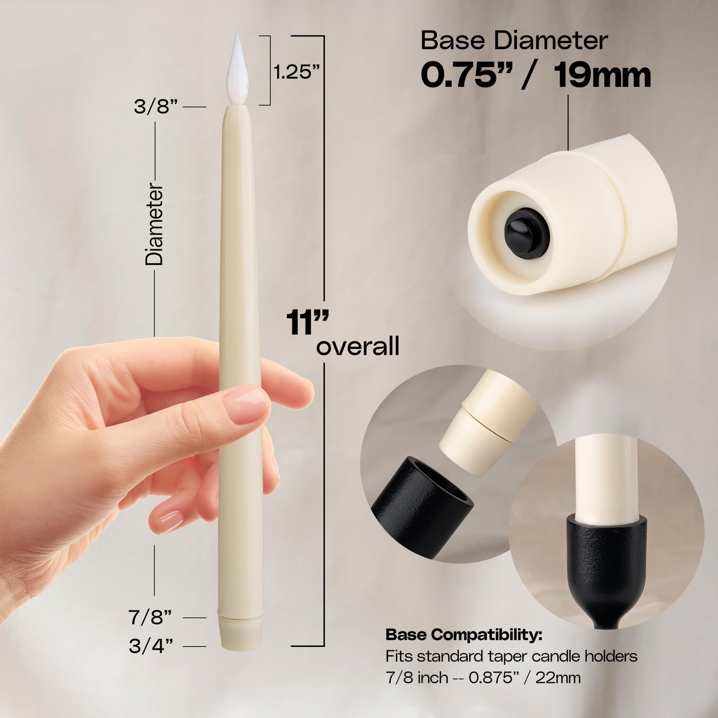 WYZworks 48 Pack, 11" LED Flameless Ivory Taper Flickering Candles Lights, Clickable On/Off Button, Battery Operated Electric Long Tall Candlesticks for Holiday Christmas Candelabra Wedding Window