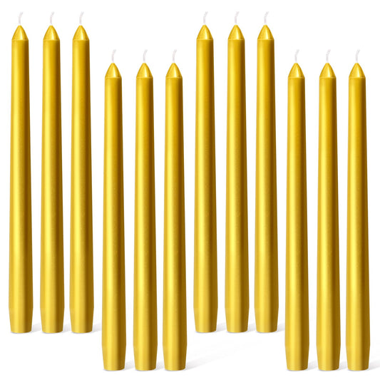 Everymoment Gold Taper Candles - 12 Pack 10 Inch Candlesticks - Dripless & Smokeless for 8 Hours - Unscented Paraffin Wax - Ideal for Wedding Christmas Anniversary New Year's Eve & Luxury Decor