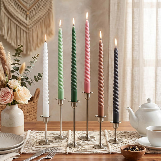 Whaline 12 Pcs 10 Inch Boho Spiral Taper Candles 6 Colors Dripless Twisted Wax Candles Long Unscented Candle Sticks for Home Party Dinner Table Supplies