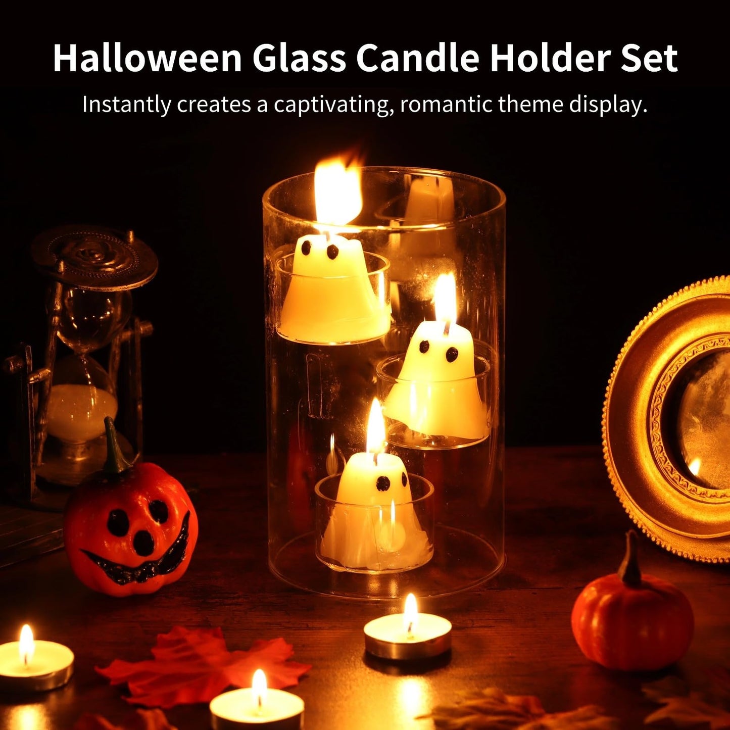 Vestamore Halloween Glass Candle Holder Set, Floating Candle Table Centerpiece Kit, Includes Cylinder Candle Holder, 15 Candles, 20 Tea Lights, for Parties, Weddings, Holidays