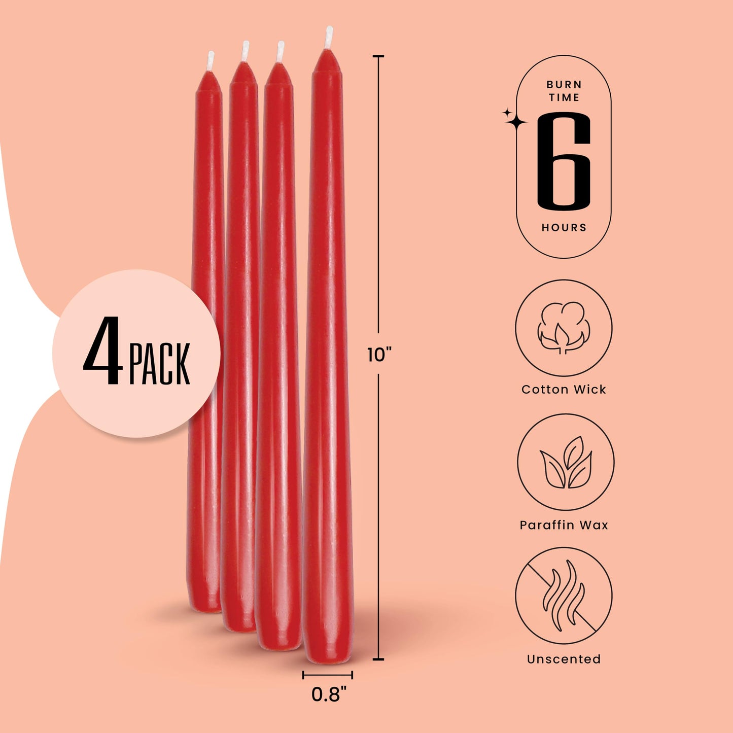 Leor & Lair Red Taper Candles - 4 Pack 10" Christmas Candlesticks - Unscented Long Burning Red Candles for Valentine’s Day, Christmas, Dinner Table, Weddings, Restaurants & Business Events