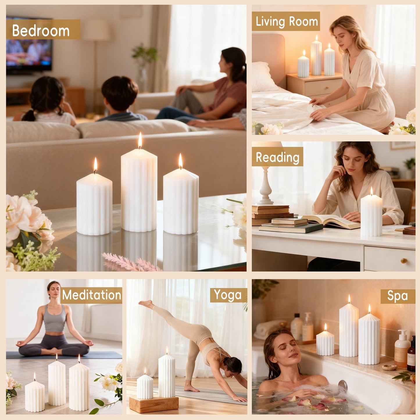 3 Pcs White Ribbed Pillar Candles-Vanilla Cake Scented,Natural Soy Wax,Non Toxic,Smokeless-2.8" x4,6,8in Modern Aesthetic Aromatherapy Candles for Home,Dinner Table,Living Room,Housewarming Gift