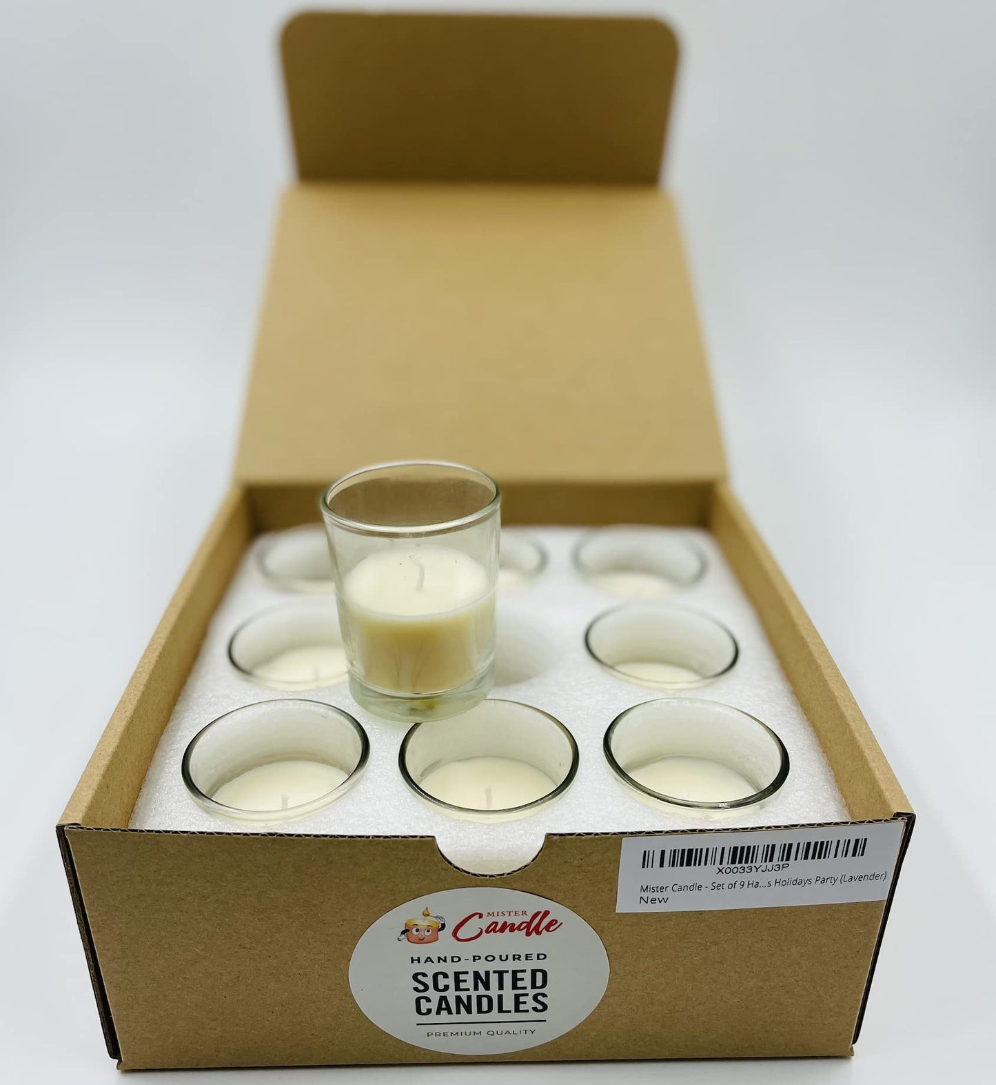 Mister Candle – Set of 9 Lavender Scented Votive Candles in Glass Holders, Hand Poured Soy Wax, 12 Hour Burn Time, Aromatherapy Candles for Spa, Weddings, Parties, Gifts