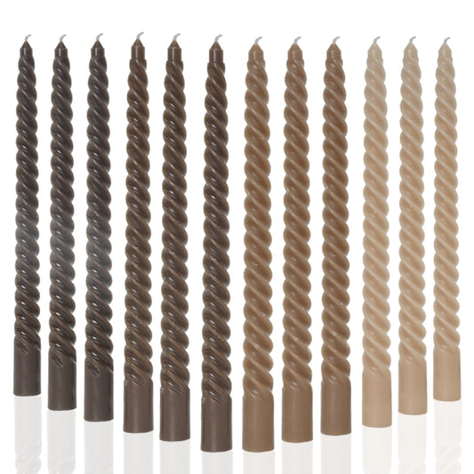 MAITREYA Brown Taper Candles Stick Spiral Twisted Candles-Set of 12 for Decoration Weddings Party Church-Unscented Dripless Candles,10inch(F-Gradient Brown)