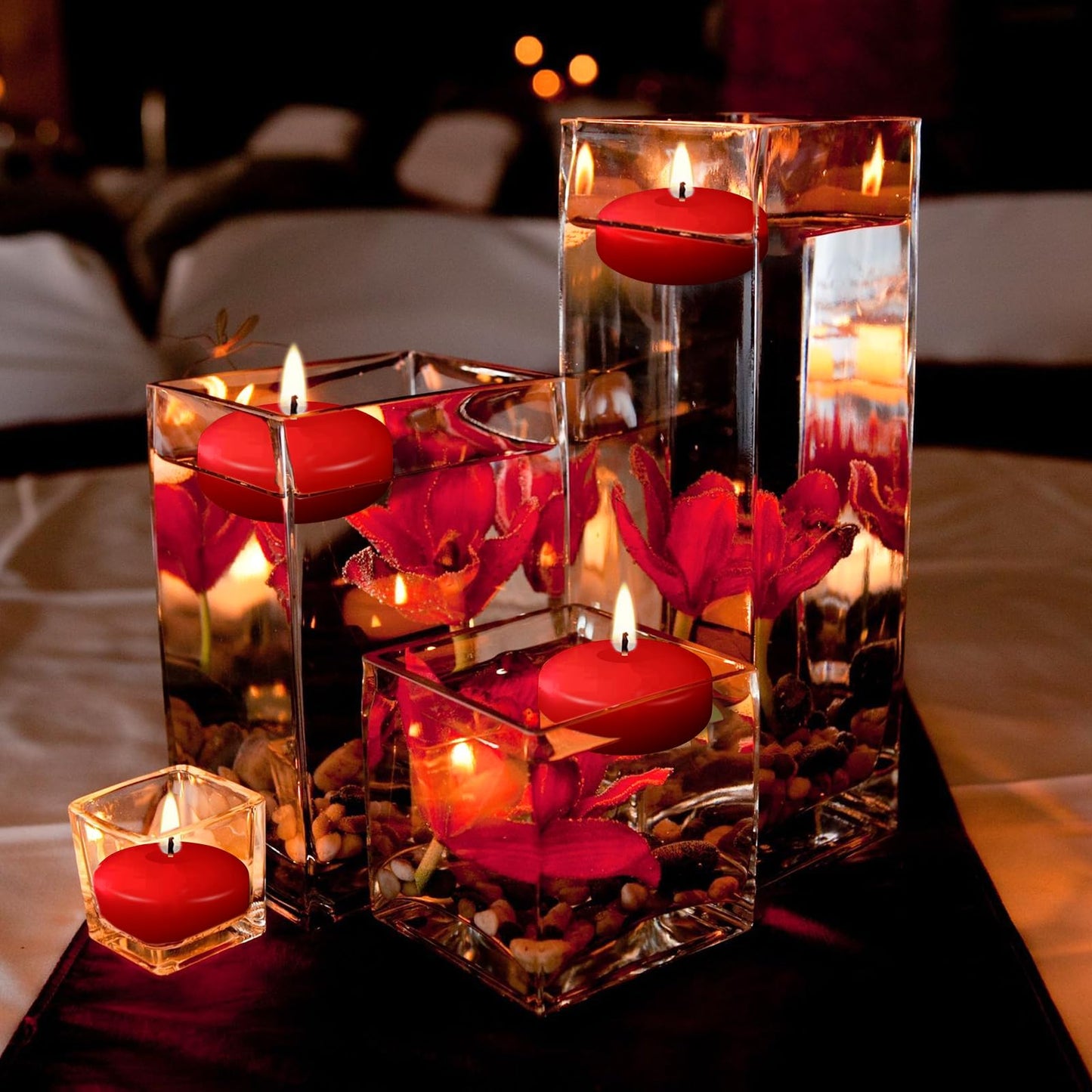 JEQUD Red Floating Candles, 2 inch, 6 Pack, Unscented, 5-6 Hours Long Burning, Wedding, Proposal Decorations