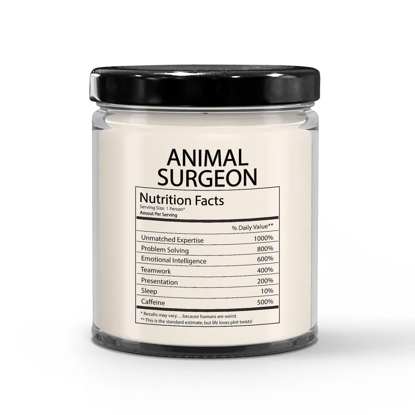 Funny Gifts for Animal Surgeon Nutrition Facts Label - Christmas Candle for Veterinary Surgeon Animal Doctor Employee Boss - Thank You, Birthday - Vanilla Scented Soy Wax, 9oz