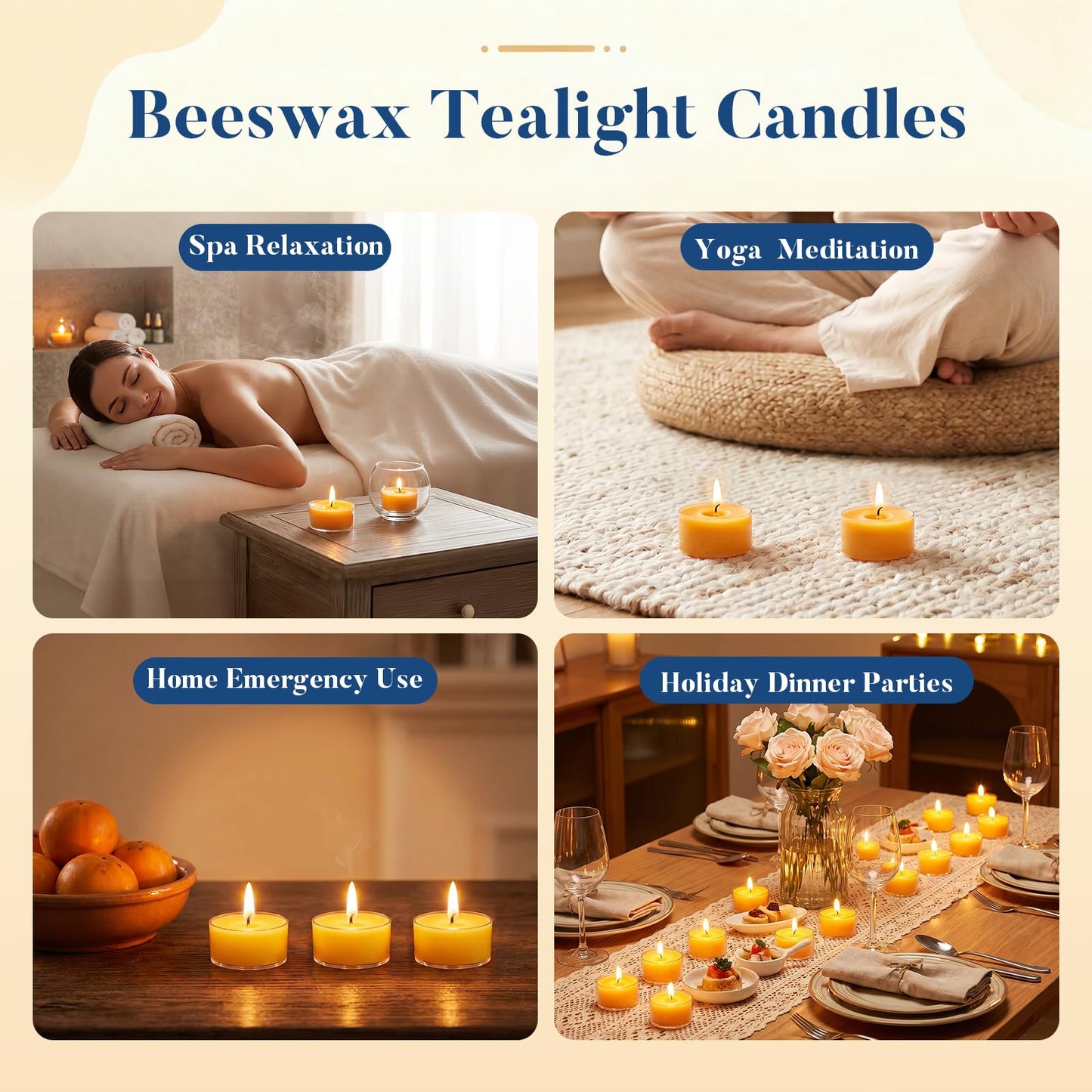 Crenovo Tea Lights Beeswax 24 Pack, 8-Hour 100% Pure Bees Wax Tealight Candles, Smokeless Unscented Votive Cup Candles for Home Spa Meditation Relaxation