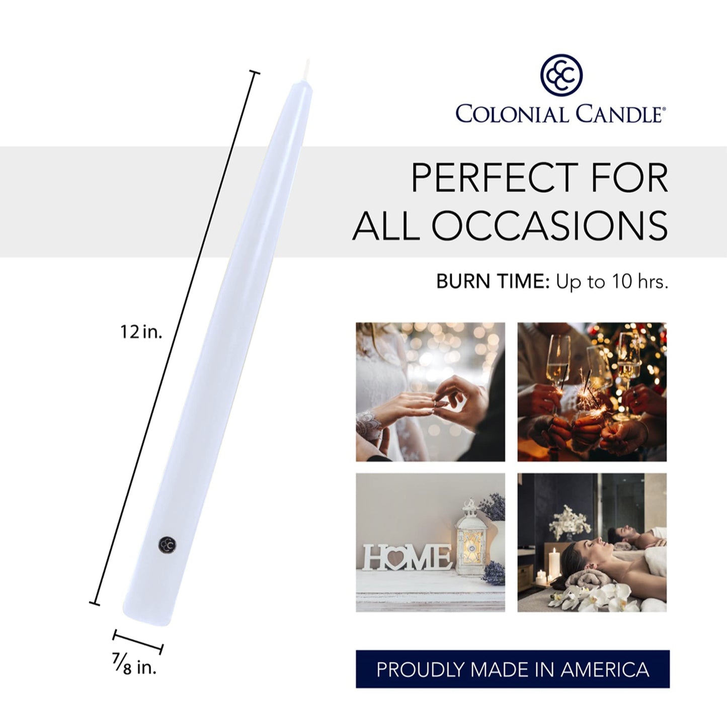 Colonial Candle Unscented Taper Candle, Handipt Collection, White, 12 In, Pack of 12 - Up to 10 Hours Burn