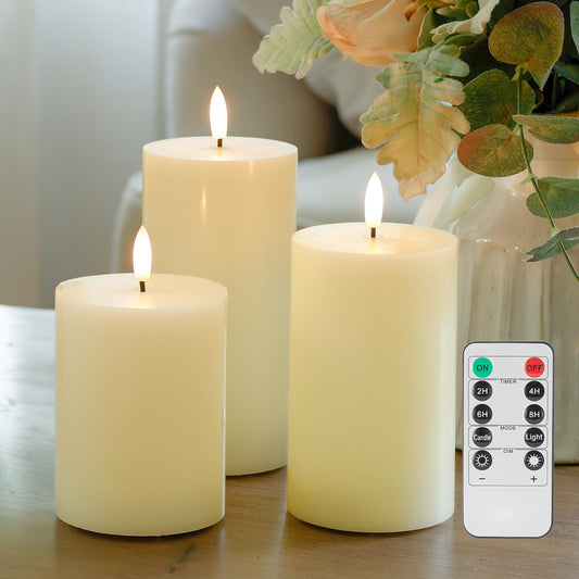 JOIONE Flameless Pillar Candles with Remote, 3 Pack Battery Operated Real Wax LED Candles, Perfect for Home Decorations Fireplace Table, Ivory
