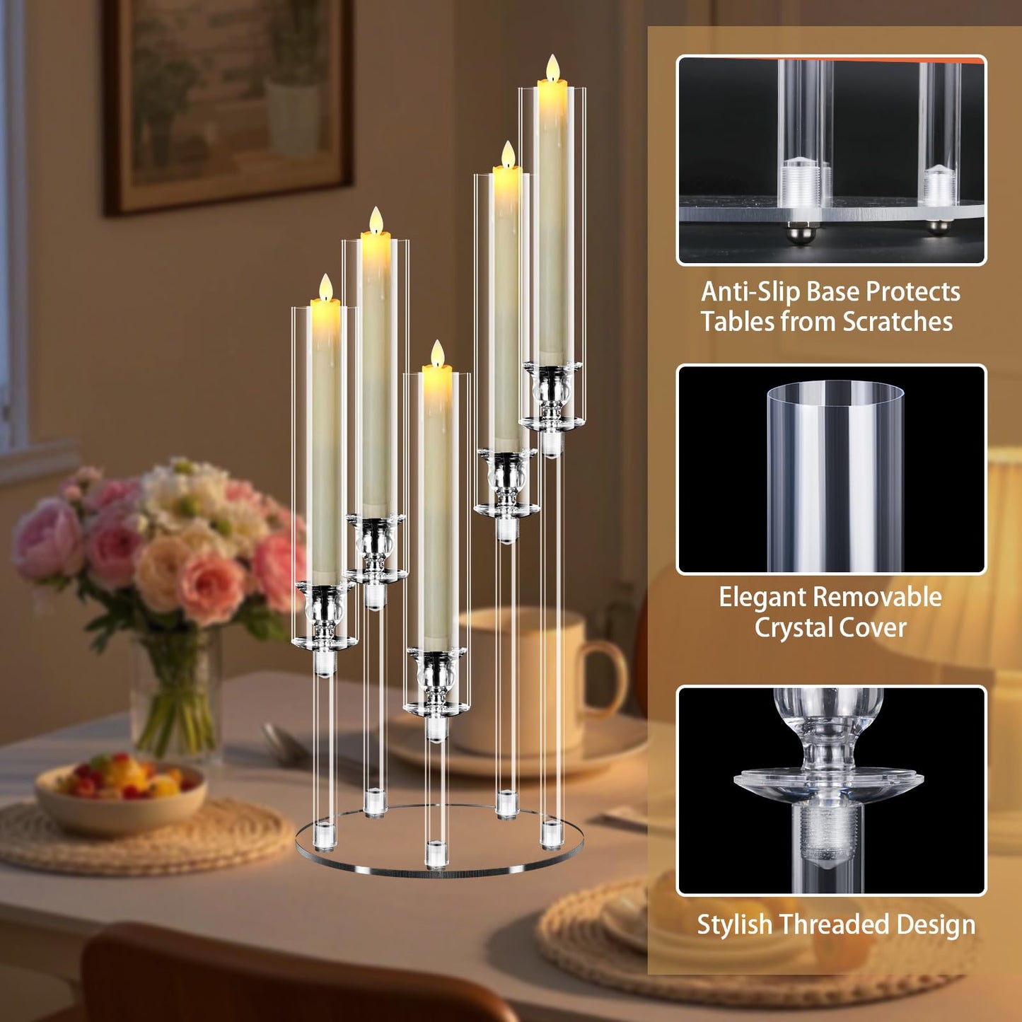 Cheloment 4 Sets 5 Arms Acrylic Candelabra Centerpieces for Tables, 22.8" Clear Candle Holder for Wedding Dinner Party and Home Decor,Candlesticks Holder with LED Candles