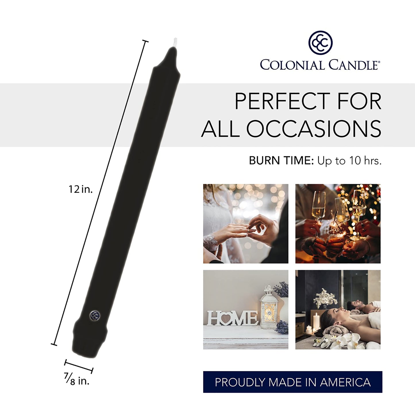 Colonial Candle Unscented Taper Candle, Classic Collection, Black, 12 in, Pack of 12 - Up to 10 Hours Burn