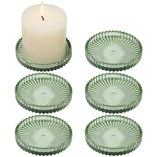 CHOCSTAY Glass Pillar Candle Holder, 4" Green Candle Plates Set of 6, Glass Candle Holders for Wedding, Party, Holiday, Home Decor, Table Centerpiece