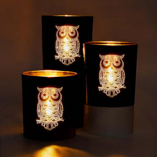 Larcenciel Owl Votive Candle Holders, Vintage Glass Tea Light Candle Holders Set of 3, Black Gold Candlesticks for Christmas Table Centerpieces Hanukkah Advent Wedding Baby Shower Home Tea Party Decor