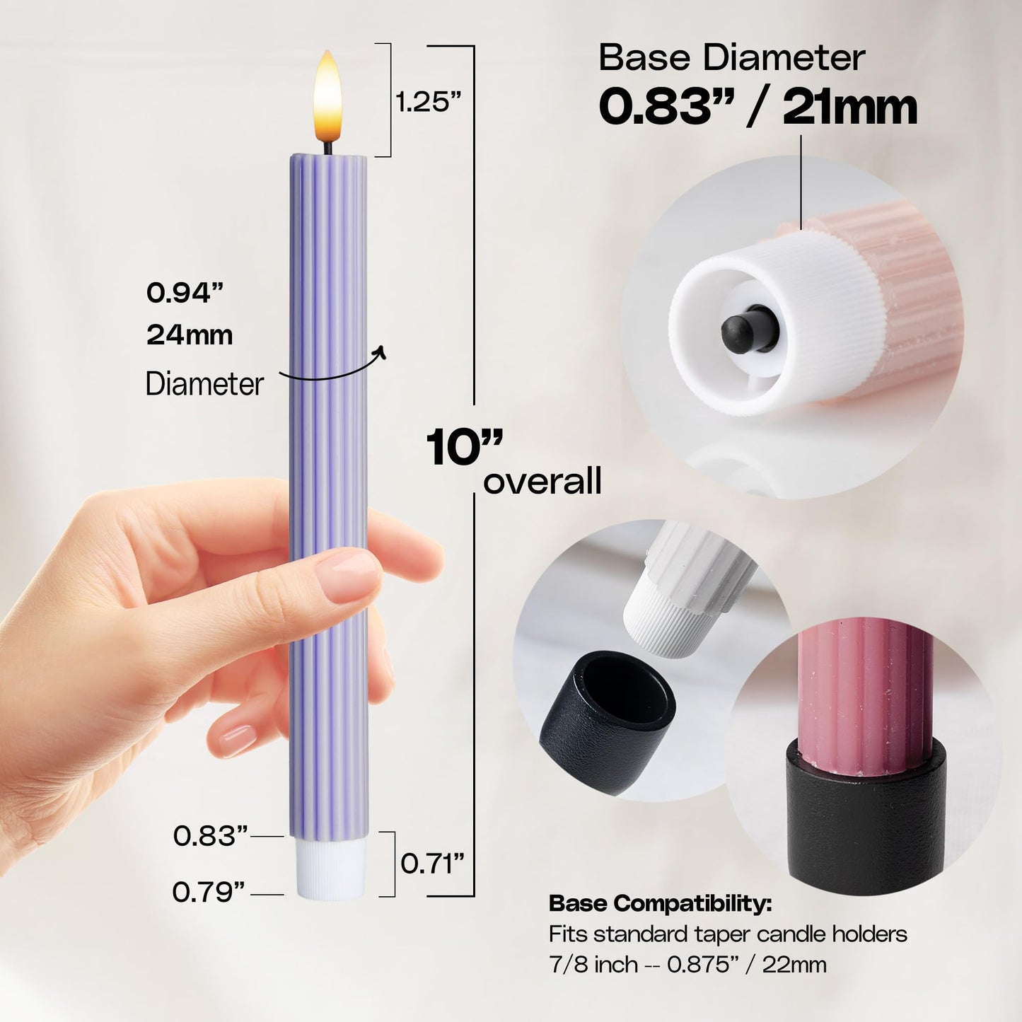 West Ivory Dusty Mauve Coordinated Pinkish Lilac 4 Pack, 10" Real Wax LED Flameless Fluted Ribbed Grooved Taper Candles, Remote & Timer, On/Off Button, Dimmable, Battery Operated, Menorah Wedding