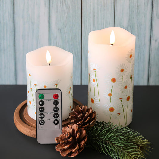 Eywamage White Floral Flameless Pillar Candles with Remote, Flickering Spring Daisy Battery LED Candles Set of 2
