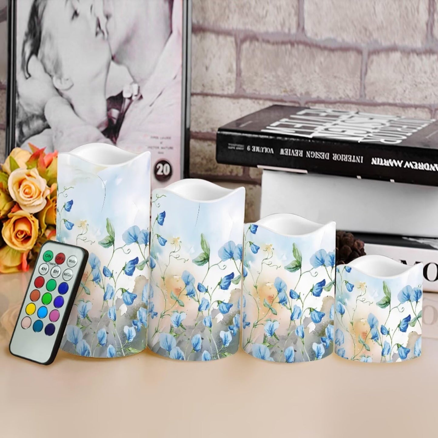 Ystardream Blue Flower Led Flameless Candles Valentine's Day Decorations Electric Christmas Candles for Windows,Unscented,Safe for Families with Pet(s) or Young Child(ren)