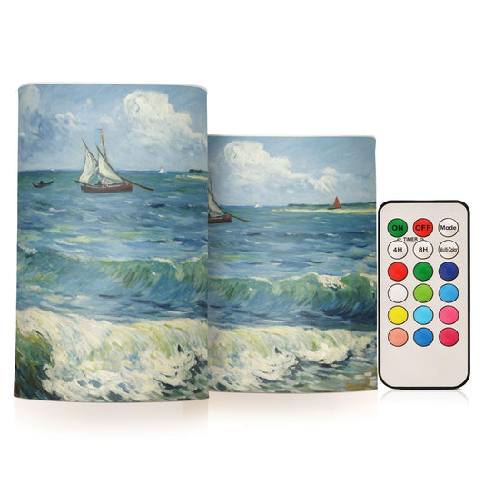 BOESI Van Gogh Sailboat Flameless Candles Color Changing LED Candles with Remote Control Battery Candles for Outdoor and Indoor Home and Room Decoration, 3'' x 4''/5'' Set of 2 Pieces