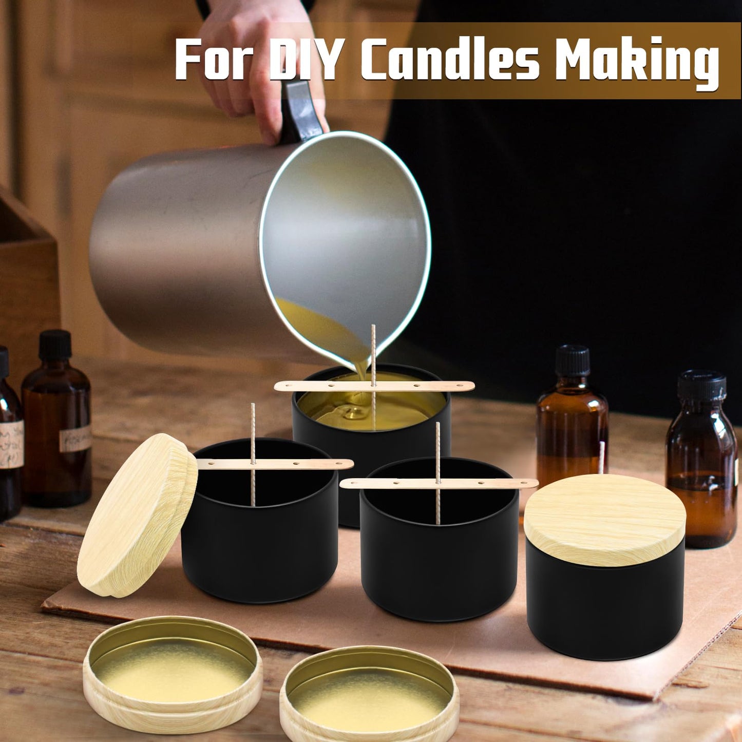 YJHSS 24-Pack 8oz Candle Tins with Wood-Grain Printing Lids, Metal Candle Jars for Candle Making, Empty Containers Vessels Bulk for Small Business & Beginners DIY Storage -Wood Black