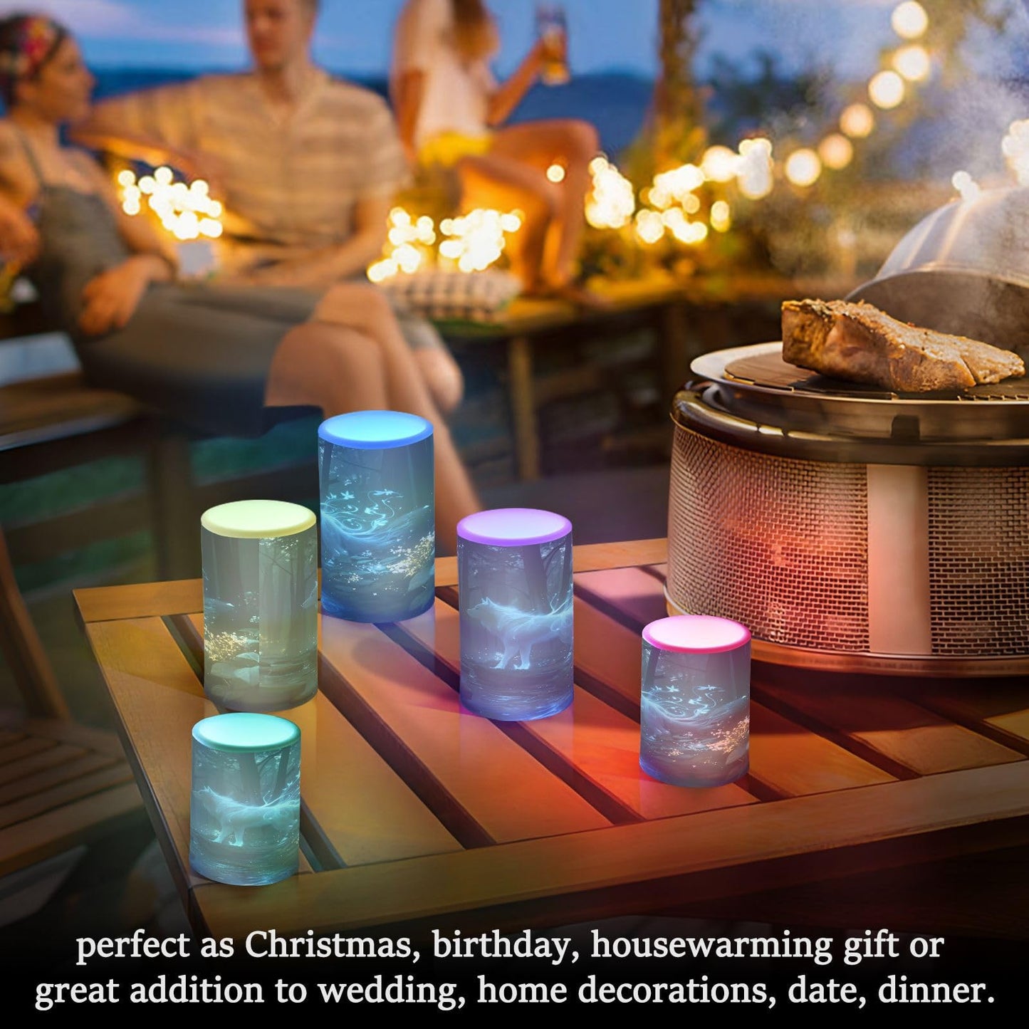 ALAZA Flameless Candles with Remote Timer,Forest Mysterious Blue Wolf Battery Operated Candles Set of 2 LED Tea Lights Flickering Pillar Votive Candles for Indoor Outdoor Decor