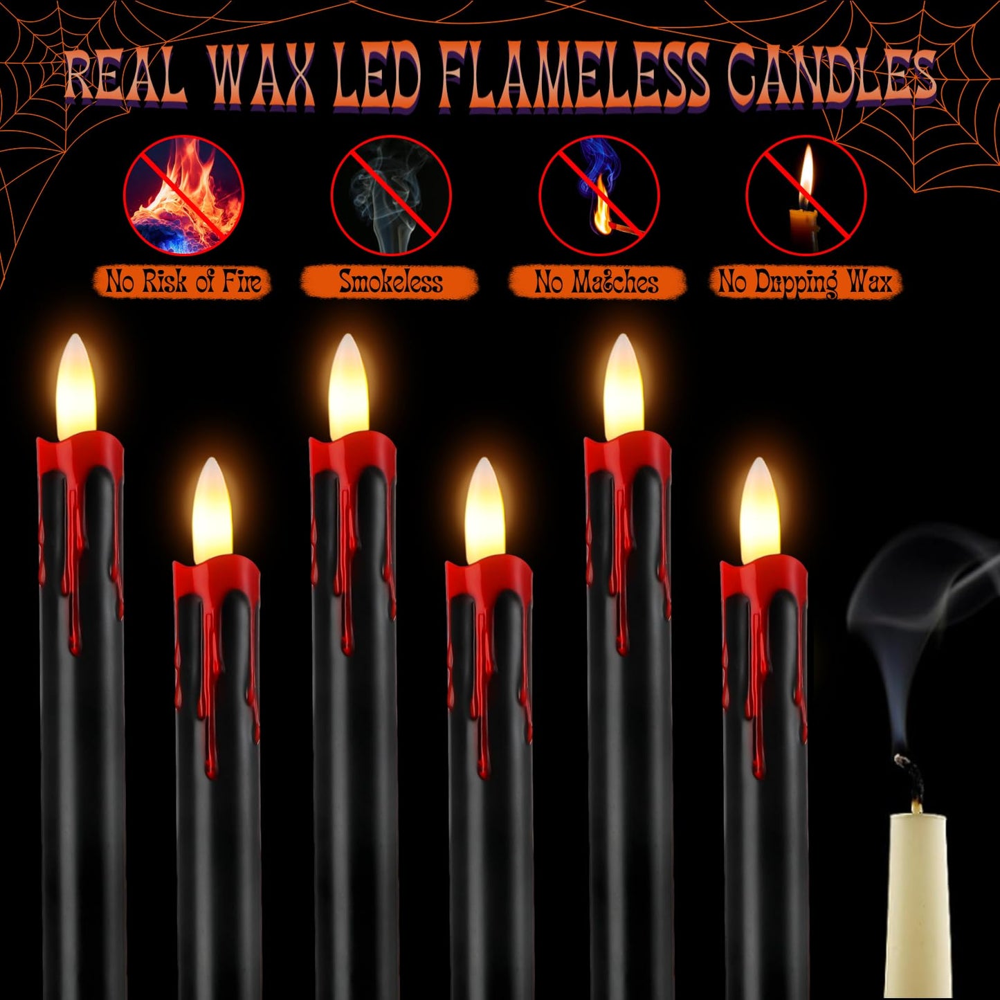 Sratte 6 Sets Halloween Blood Dripping Candle Decoration Led Flameless Candle with Candlestick Holder and Remote Battery Operate Vampire Tears Scary Creepy Decor for Indoor Home (Brown Holder)