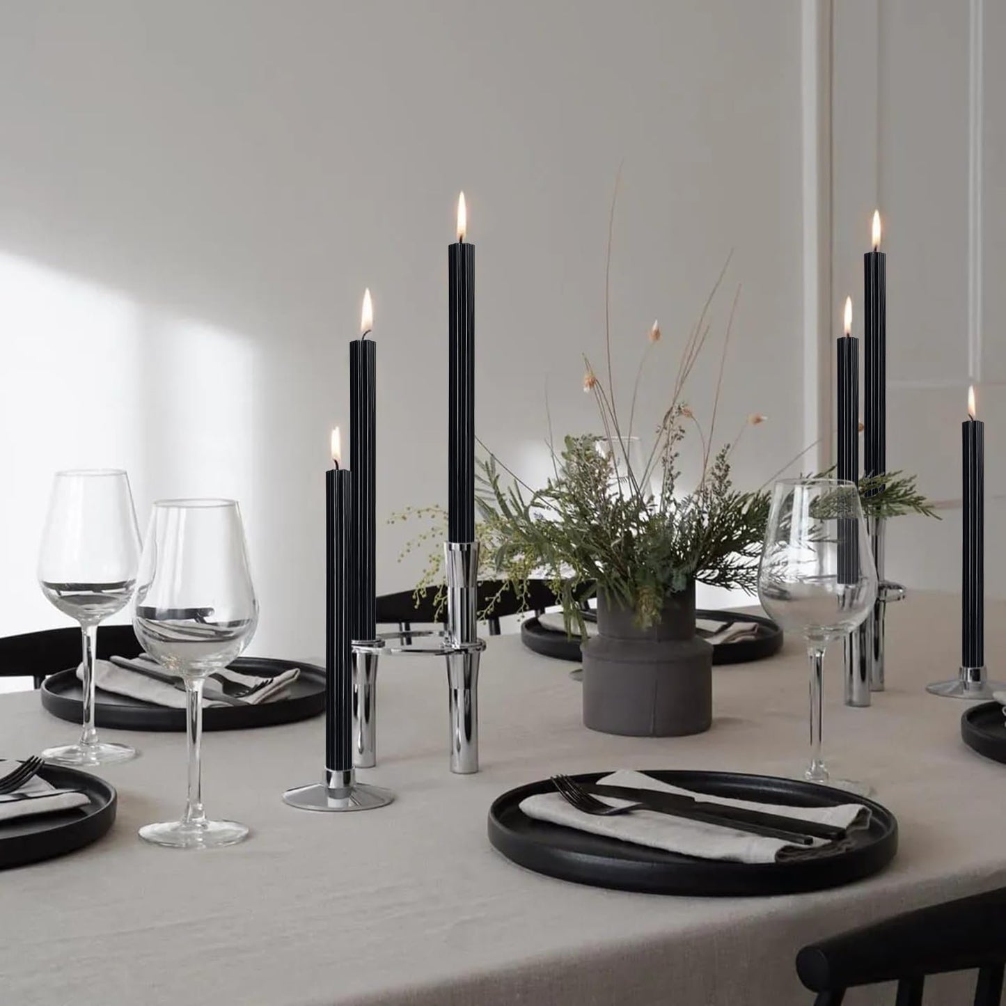 Dripless Taper Candles Unscented Black Candlesticks 10 Inch Smokeless Long Candle Handmade Ribbed Candles for Table Home Decoration Holiday 2 PCS