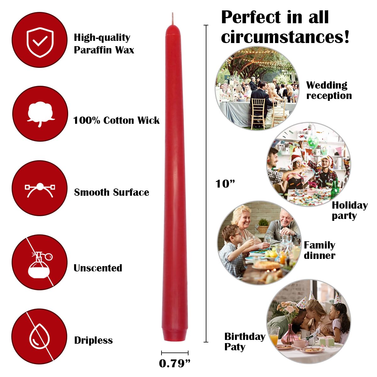 20 Pack Red Taper Candles, 7-8 Hours Burn Time, Unscented, Smokeless and Dripless, 0.79 x 10 Inch Dinner Candle Set for Christmas, Household, Wedding, Party and Home Décor Candlesticks