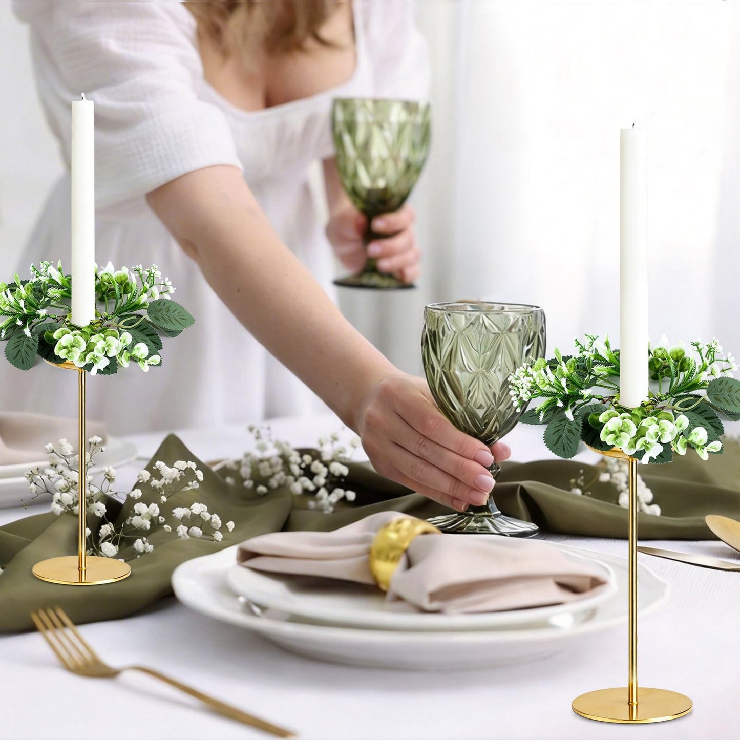 4 PCS Eucalyptus Taper Candle Rings Wreaths 1.38" Mini Spring Summer Floral Taper Candle Holder Wreaths Artificial Greenery Leaves Table Centerpieces Wreath for Farmhouse Home Candlesticks Decor