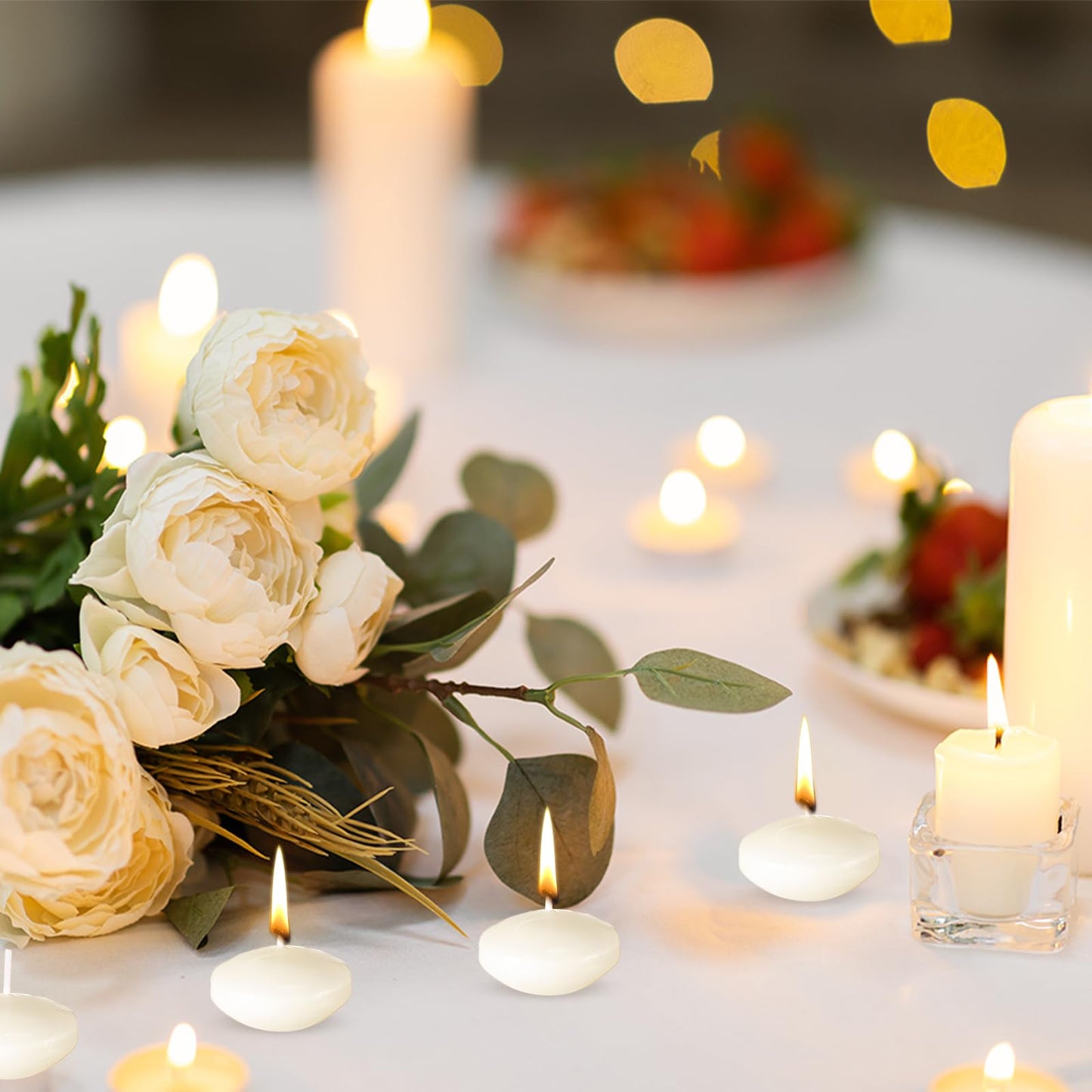 MTLEE 36 Pcs Thanksgiving Day Floating Candle 1.75'' 18 Pcs White Pillar Candles 4'' 5'' 6'' Diameter Dripless Wax Burning Unscented Decorative for Banquet Wedding Dining Party Home Decor