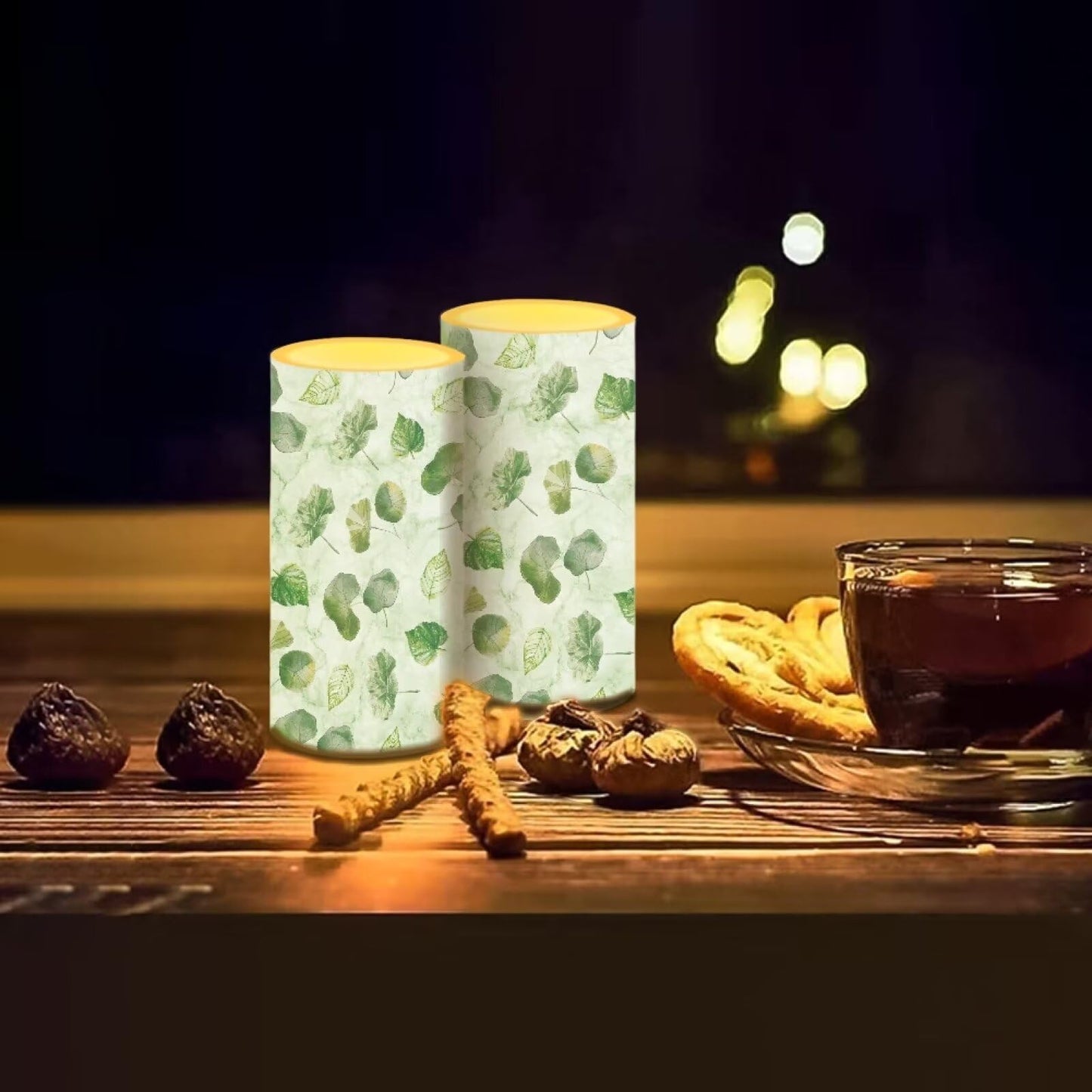 NETILGEN Flameless LED Candles Set of 2 with 18-Key Multicolor Remote Control Timer Flickering Wick Pillar Candles Home Ornaments, Green Leaf Lotus Leaf