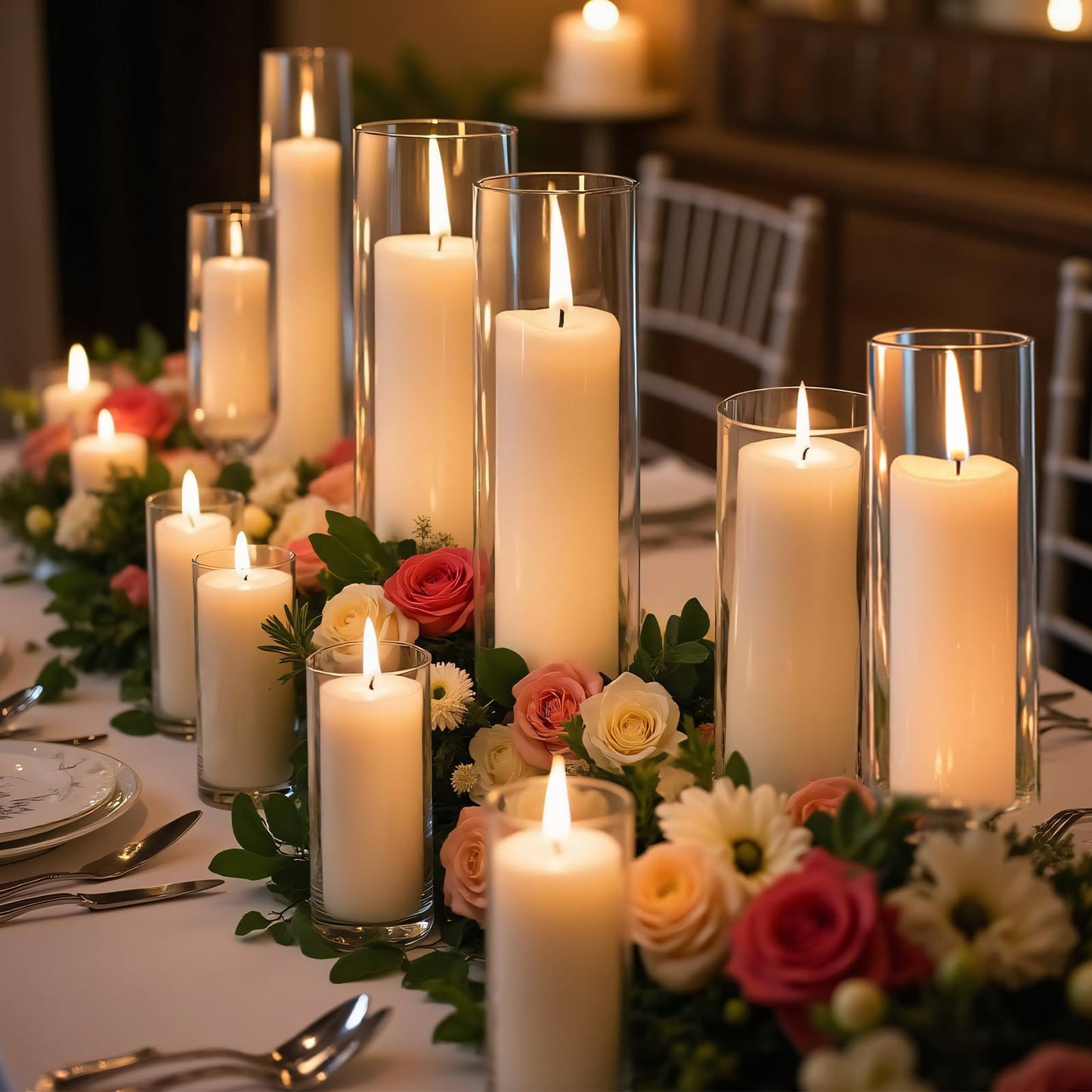 Homjoy 24 PCS White Pillar Candles with Glass Candle Holders Clear Hurricane Candle Holders Glass Cylinder Vases for Centerpieces Wedding Party, Event, Home Office (12 Candles+12 Candle Hoders)