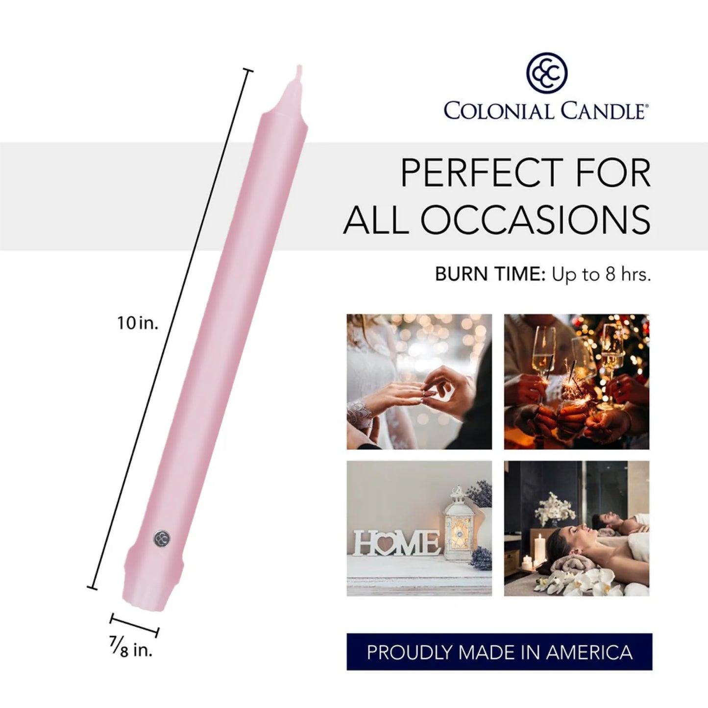 Colonial Candle Unscented Taper Candle, Classic Collection, Persian Pink, 10 in, Pack of 12 - Up to 8 Hours Burn