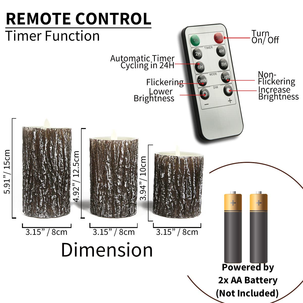NICEME LED Pine Bark Flameless Candles with Remote Timer Set of 3 Real Wax Battery Operated Candles Flickering Moving Wick Electric Decorative Pillar Bark Candles, D3 x H4 5" 6"