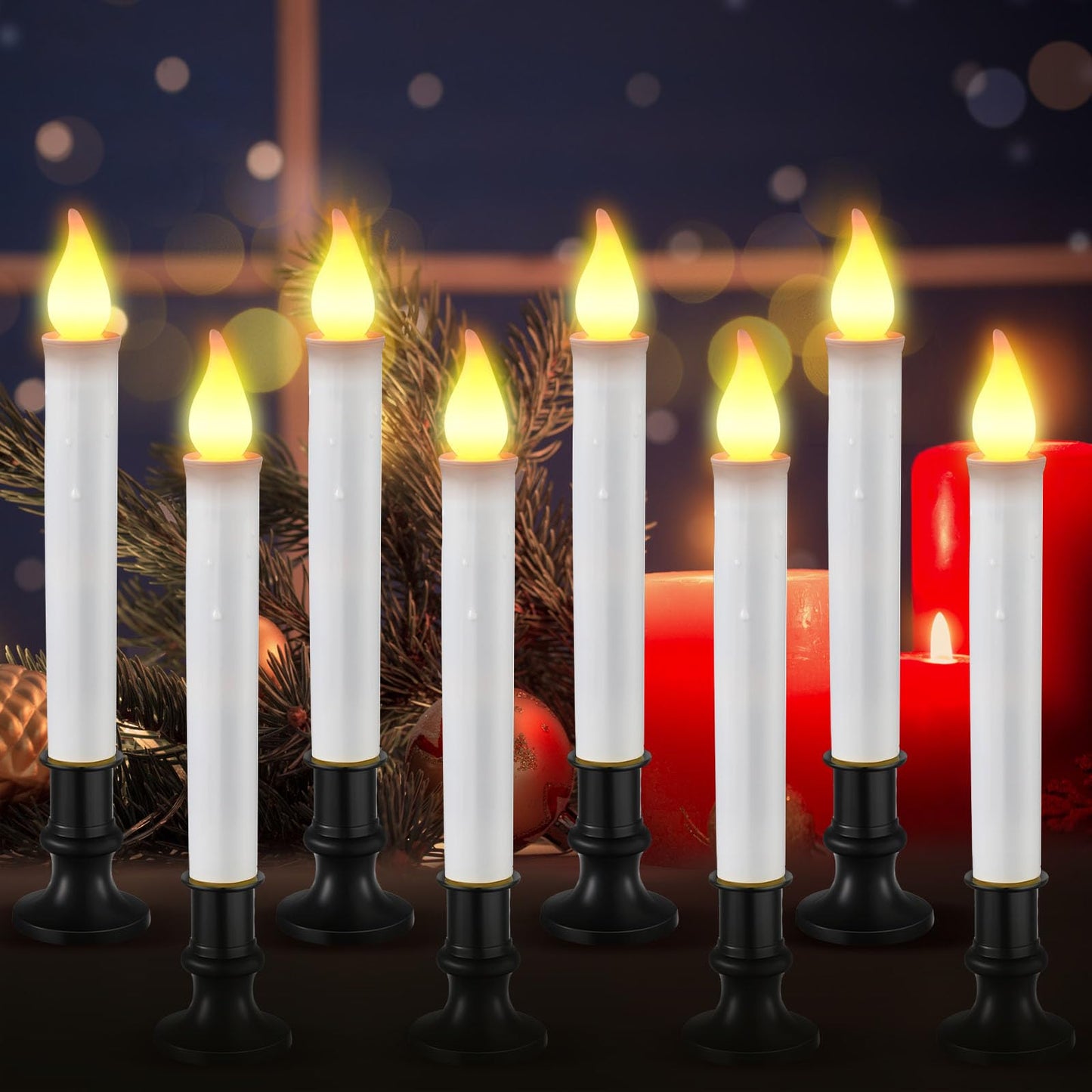 Baquler 8 Pcs Christmas LED Window Candles with Sensor Dusk to Dawn Light Sensor 9.37 Inches Cordless Flameless Battery Taper Candles with Flickering Amber Flame for Xmas Home Decor(Black)