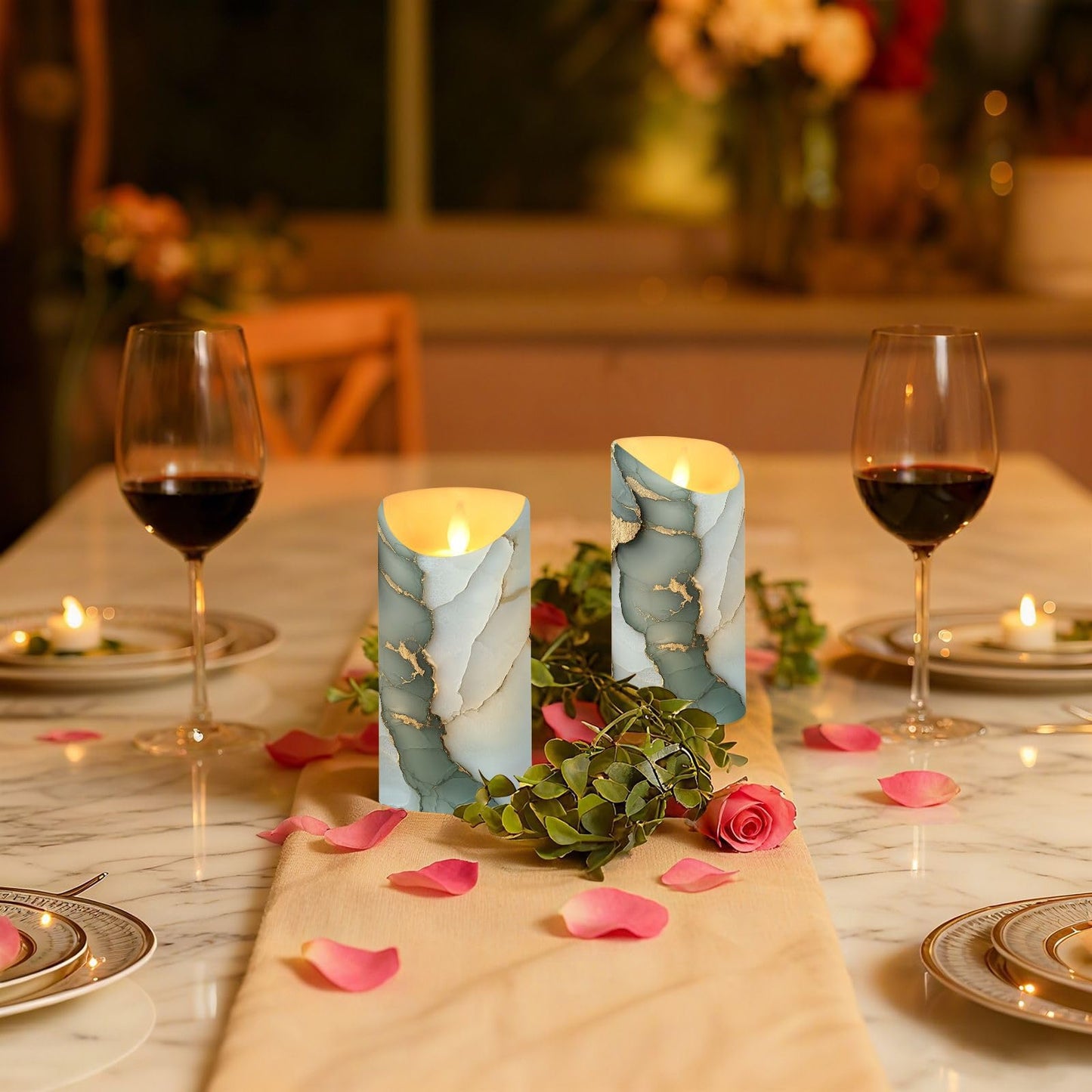 famyily Waterproof Outdoor LED Candles with Timer 2/4/6/8H Reusable Battery Operated Fake Candles for New Year’s Eve Party 3.9x3in - Marble Sage Green White