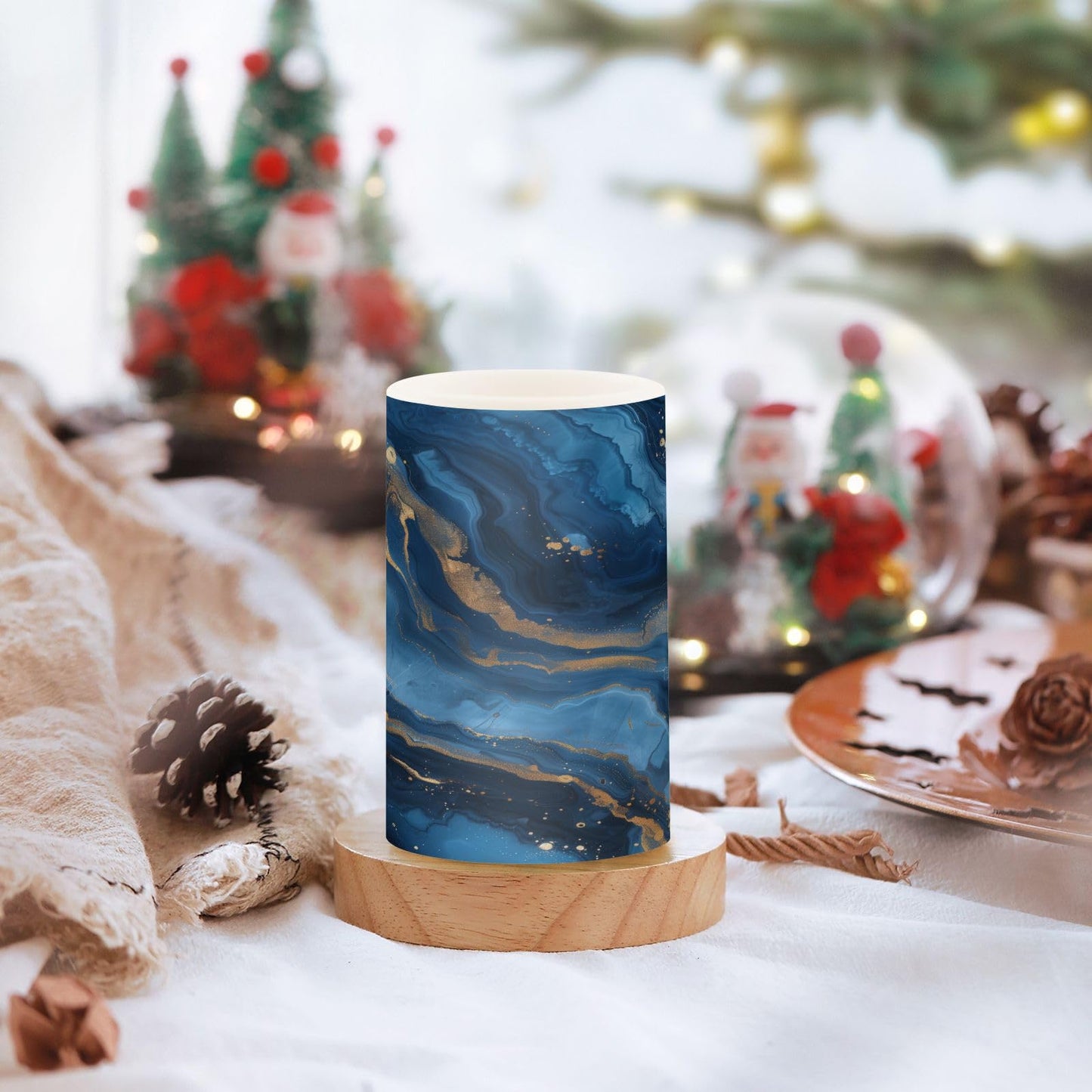 WEVIBOFU Blue and Gold Marble Flickering Flameless Candles LED Battery Operated with Remote Timer Pillar Candles for Home Birthday Wedding Christmas Decor, Set of 2