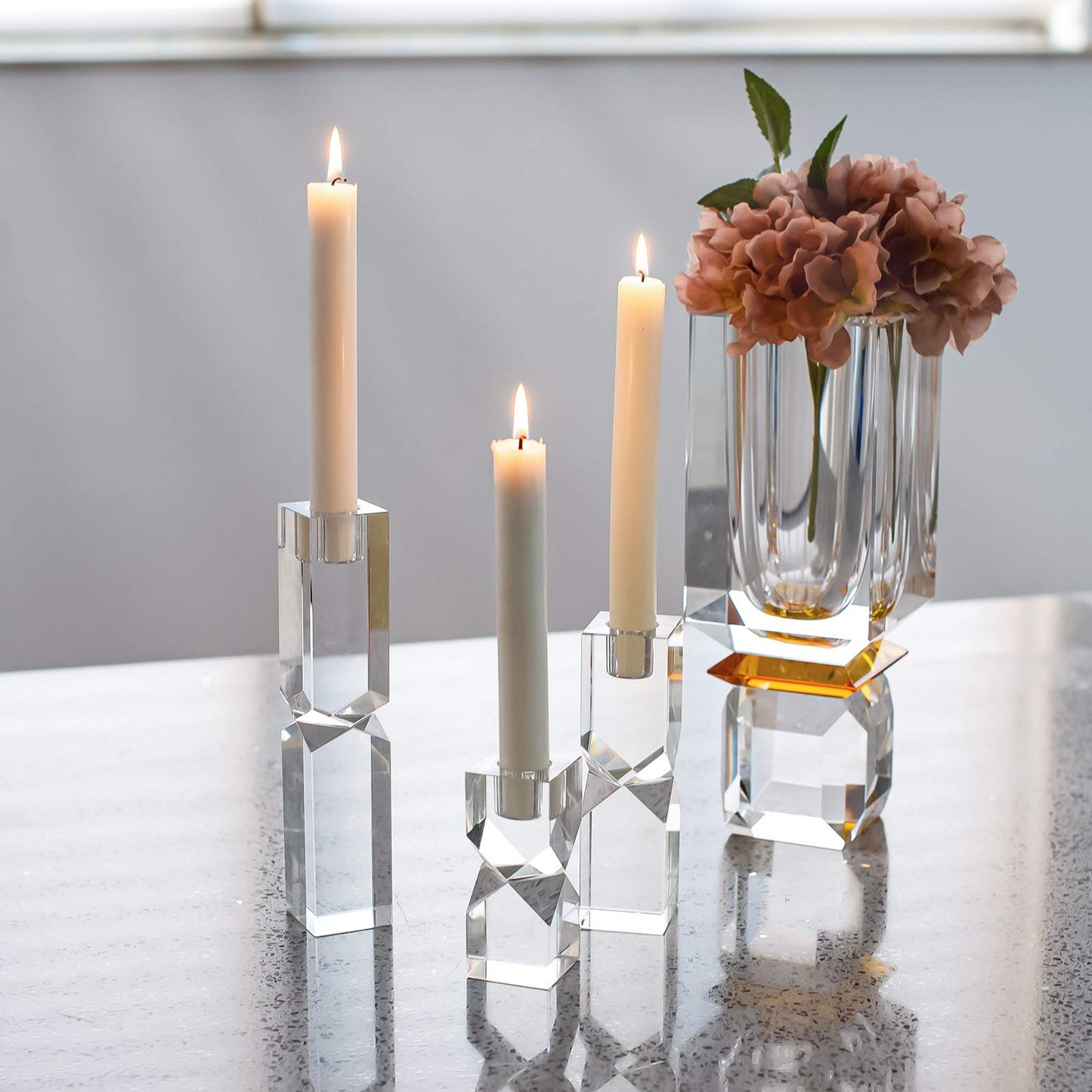 DONOUCLS Crystal Candle Holders Set of 3, Clear Taper Candle Holder Decor, Table Centerpieces for Home Party and Wedding Decoration(3.9''/5.9''/7.9'' Height)
