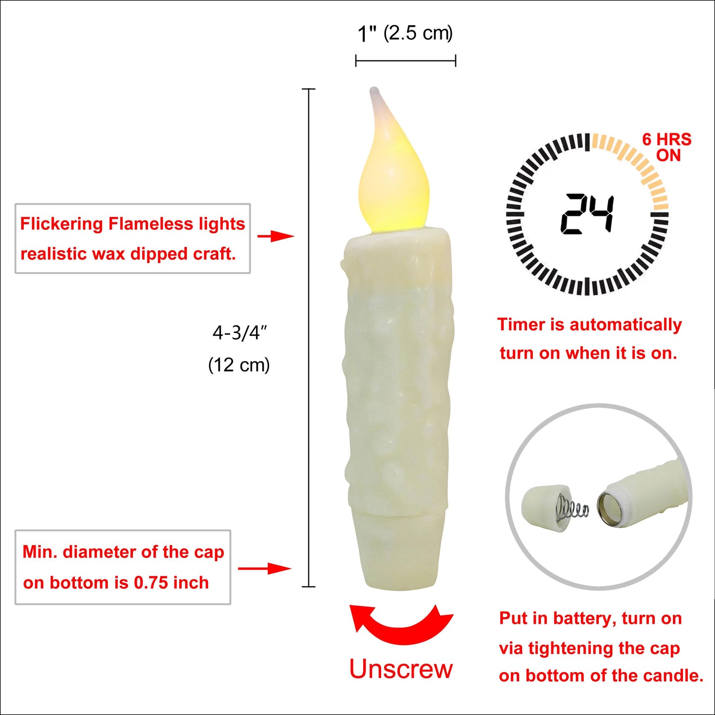 CVHOMEDECO. Real Wax Hand Dipped Battery Operated LED Timer Taper Candles Rustic Primitive Flameless Lights Décor, 4-3/4 Inch, Ivory, 6 PCS in a Package