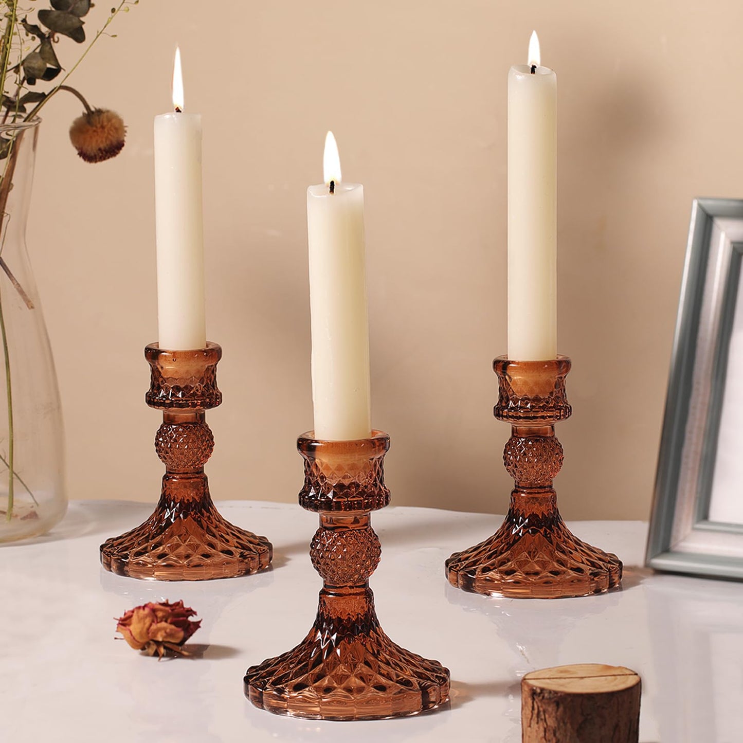 12Pcs Amber Candlestick Holders Set- 4" H Taper Candle Holders Bulk, Glass Candle Holders for Wedding, Party, Fall Dinner Table Centerpieces, Festival Gifts & Windowsill Decor